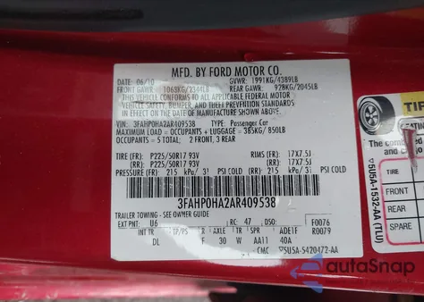 2010 Ford Fusion Se из США, поврежденный, VIN 3FAHP0HA2AR409538